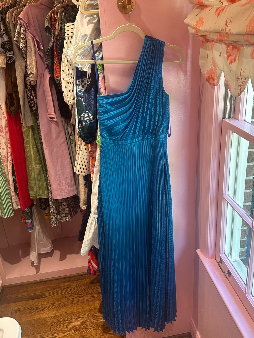 INTERMIX One-Shoulder Teal Pleated Midi Dress